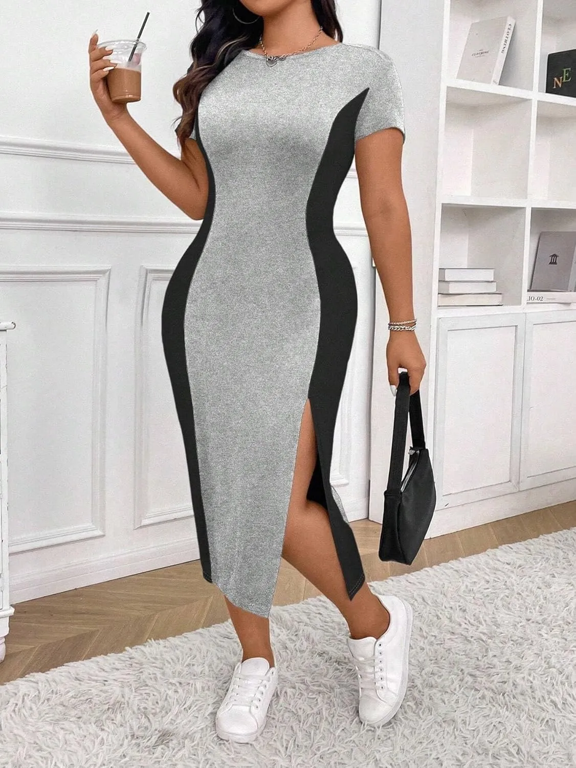LALAGEN Women's 2025 Summer Dresses Women Plus Size Color Block Round Neck Dress, Summer Outfit