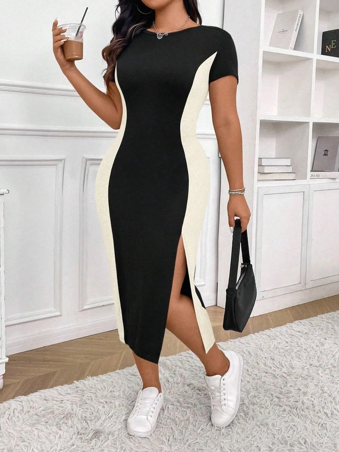 LALAGEN Women's 2025 Summer Dresses Women Plus Size Color Block Round Neck Dress, Summer Outfit