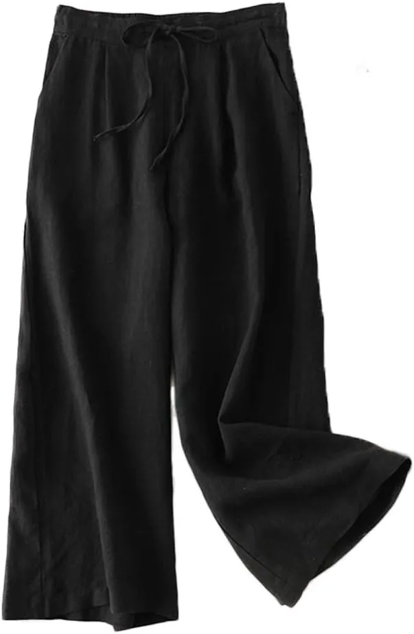 LaovanIn Women's Wide Leg Palazzo Pants Linen Drawstring Cropped Pants Trousers Culottes