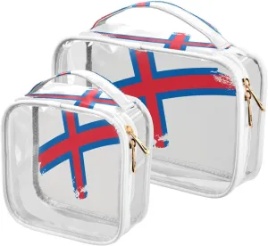 Large Clear Travel Toiletry Bag with Zippers, PVC Waterproof Travel Organizer, Faroe Lslands Flag Brush Stroke Plastic Tote Bags, 2 pcs