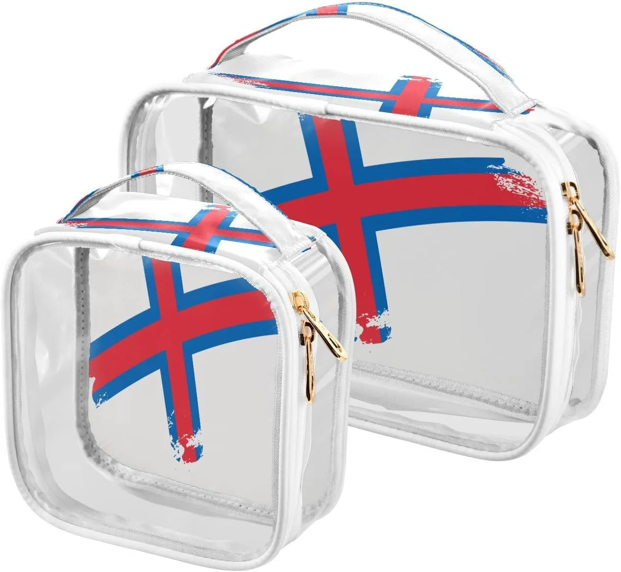 Large Clear Travel Toiletry Bag with Zippers, PVC Waterproof Travel Organizer, Faroe Lslands Flag Brush Stroke Plastic Tote Bags, 2 pcs