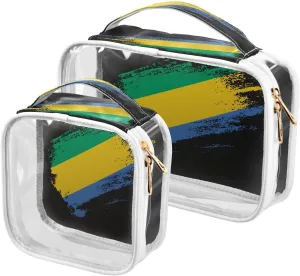 Large Clear Travel Toiletry Bag with Zippers, PVC Waterproof Travel Organizer, Gabon Flag Patriotic Plastic Tote Bags, 2 pcs