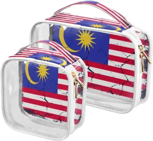Large Clear Travel Toiletry Bag with Zippers, PVC Waterproof Travel Organizer, Malaysia Flag Grunge Design Plastic Tote Bags, 2 pcs