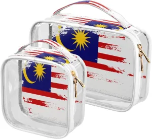 Large Clear Travel Toiletry Bag with Zippers, PVC Waterproof Travel Organizer, Malaysia Flag Painted Plastic Tote Bags, 2 pcs