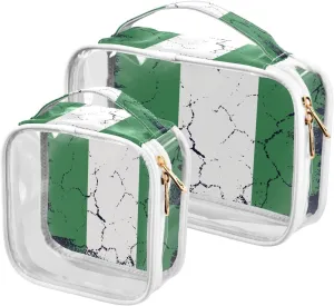 Large Clear Travel Toiletry Bag with Zippers, PVC Waterproof Travel Organizer, Nigeria Flag Grunge Design Plastic Tote Bags, 2 pcs