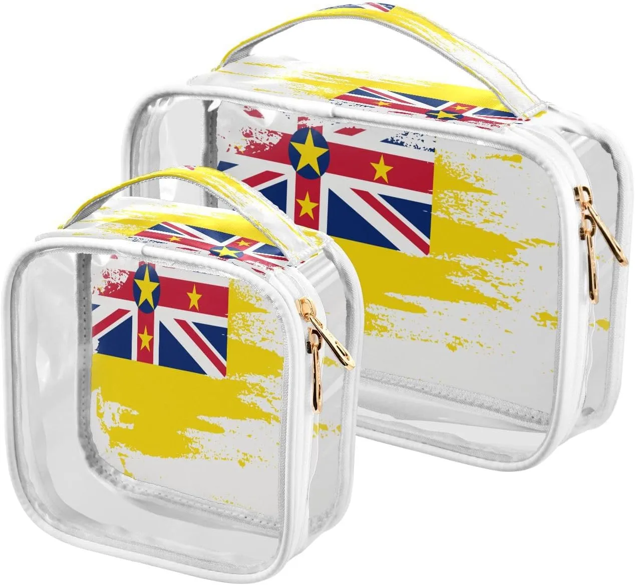 Large Clear Travel Toiletry Bag with Zippers, PVC Waterproof Travel Organizer, Niue Flag Painted Plastic Tote Bags, 2 pcs