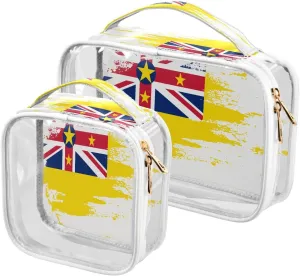 Large Clear Travel Toiletry Bag with Zippers, PVC Waterproof Travel Organizer, Niue Flag Painted Plastic Tote Bags, 2 pcs