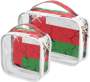 Large Clear Travel Toiletry Bag with Zippers, PVC Waterproof Travel Organizer, Oman Flag Grunge Design Plastic Tote Bags, 2 pcs