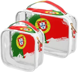 Large Clear Travel Toiletry Bag with Zippers, PVC Waterproof Travel Organizer, Portugal Flag Brush Stroke Plastic Tote Bags, 2 pcs