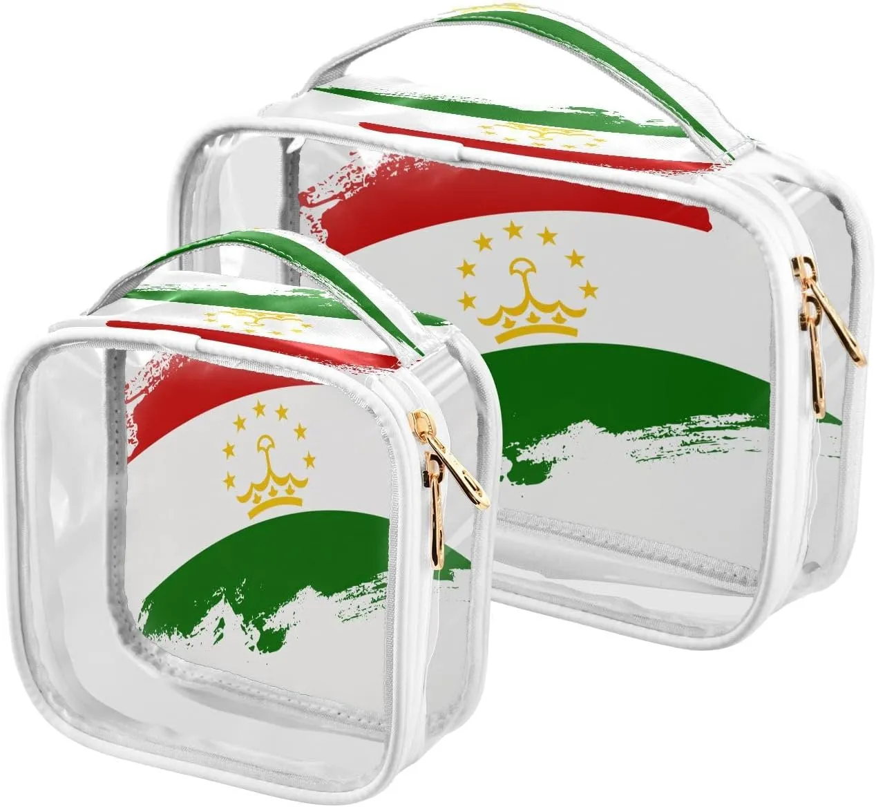 Large Clear Travel Toiletry Bag with Zippers, PVC Waterproof Travel Organizer, Tajikistan Flag Brush Stroke Plastic Tote Bags, 2 pcs