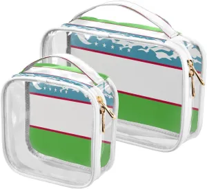 Large Clear Travel Toiletry Bag with Zippers, PVC Waterproof Travel Organizer, Uzbekistan Flag Flying Birds Plastic Tote Bags, 2 pcs