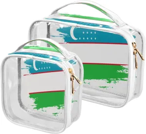 Large Clear Travel Toiletry Bag with Zippers, PVC Waterproof Travel Organizer, Uzbekistan Flag Hand Drawn Plastic Tote Bags, 2 pcs