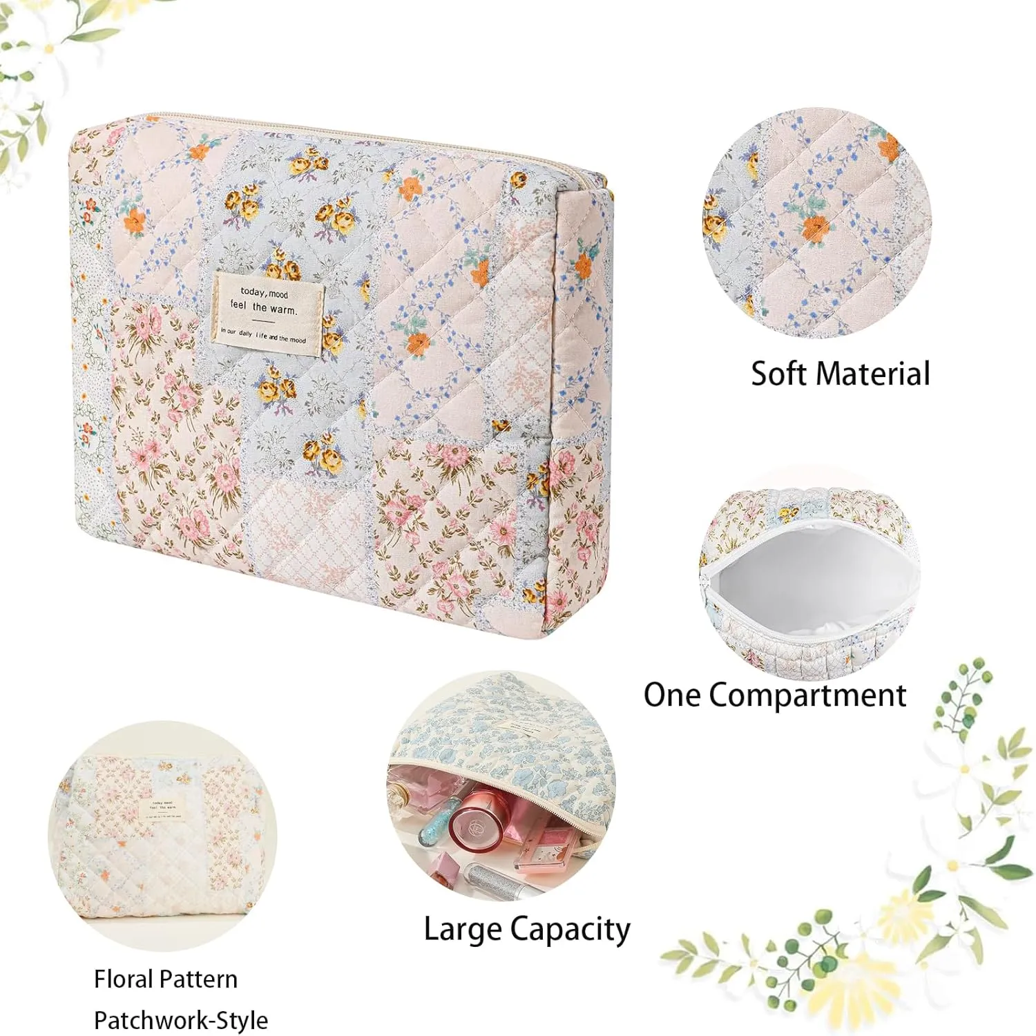 Large Makeup Bag, Quilted Cosmetic Bag, Floral Coquette Aesthetic Toiletry Bag, Travel Patchwork Make Up Organizer Bag for Women Girls