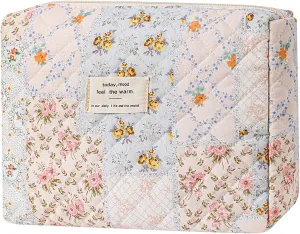 Large Makeup Bag, Quilted Cosmetic Bag, Floral Coquette Aesthetic Toiletry Bag, Travel Patchwork Make Up Organizer Bag for Women Girls