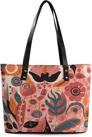 Leather Tote Bag Crossbody Bags for Women Fashion Top Handle Handbag Plant Elements Pattern Ladies Shoulder Bags Casual Beach Bag Gym Bages Ladies Purses for Shopping Work Travel