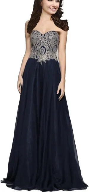 Lemai A Line Chiffon Crystals Gold Lace Long Formal Prom Gowns Evening Dresses