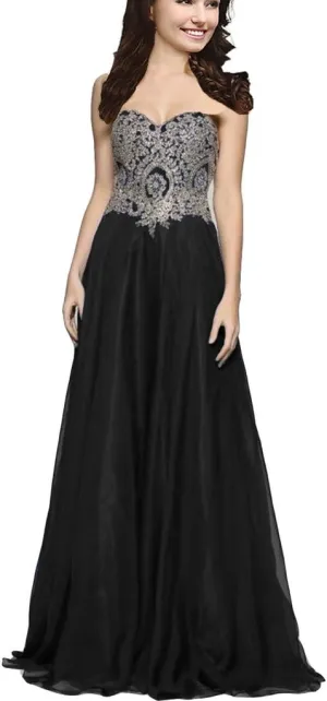 Lemai A Line Chiffon Crystals Gold Lace Long Formal Prom Gowns Evening Dresses