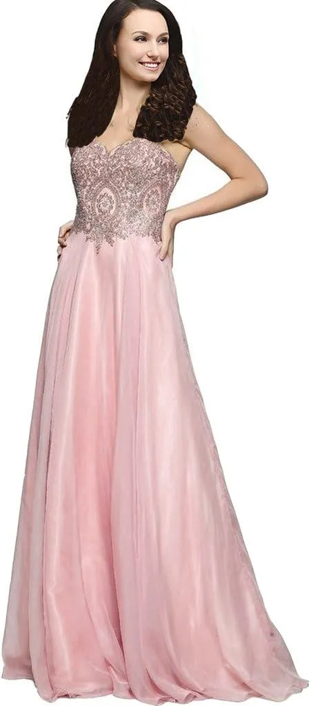 Lemai A Line Chiffon Crystals Gold Lace Long Formal Prom Gowns Evening Dresses