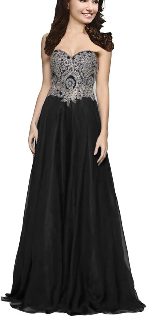 Lemai A Line Chiffon Crystals Gold Lace Long Formal Prom Gowns Evening Dresses