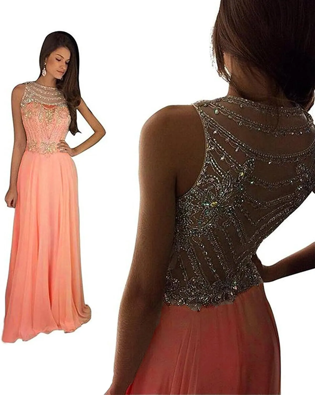 Lemai Sheer Back Beaded Long A Line Chiffon Prom Dresses Evening Formal Gowns