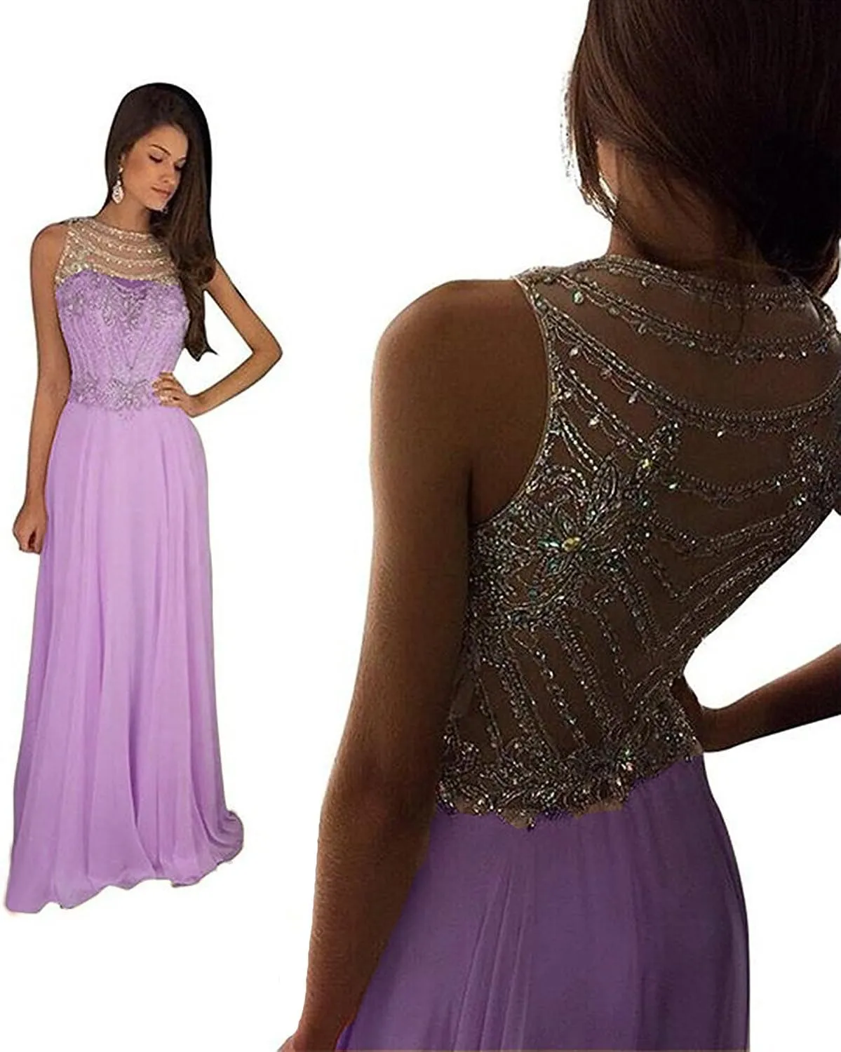 Lemai Sheer Back Beaded Long A Line Chiffon Prom Dresses Evening Formal Gowns