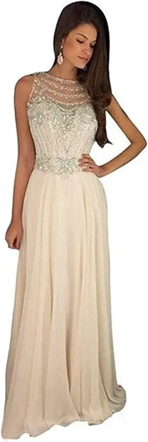 Lemai Sheer Back Beaded Long A Line Chiffon Prom Dresses Evening Formal Gowns