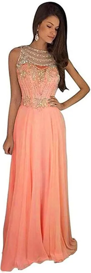 Lemai Sheer Back Beaded Long A Line Chiffon Prom Dresses Evening Formal Gowns