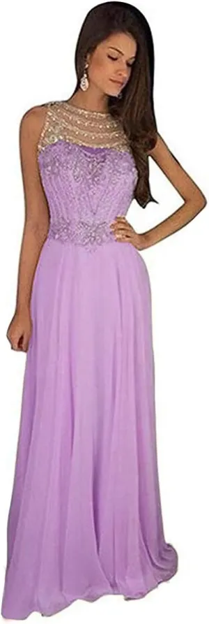 Lemai Sheer Back Beaded Long A Line Chiffon Prom Dresses Evening Formal Gowns