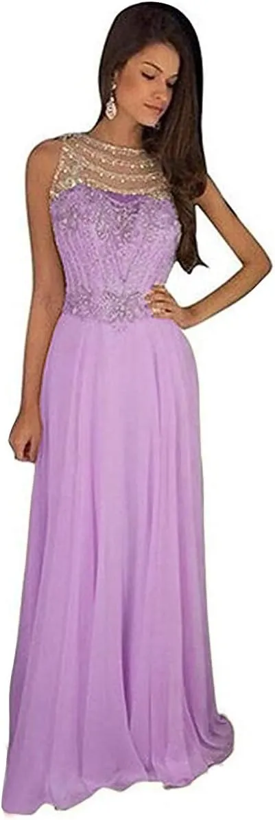 Lemai Sheer Back Beaded Long A Line Chiffon Prom Dresses Evening Formal Gowns