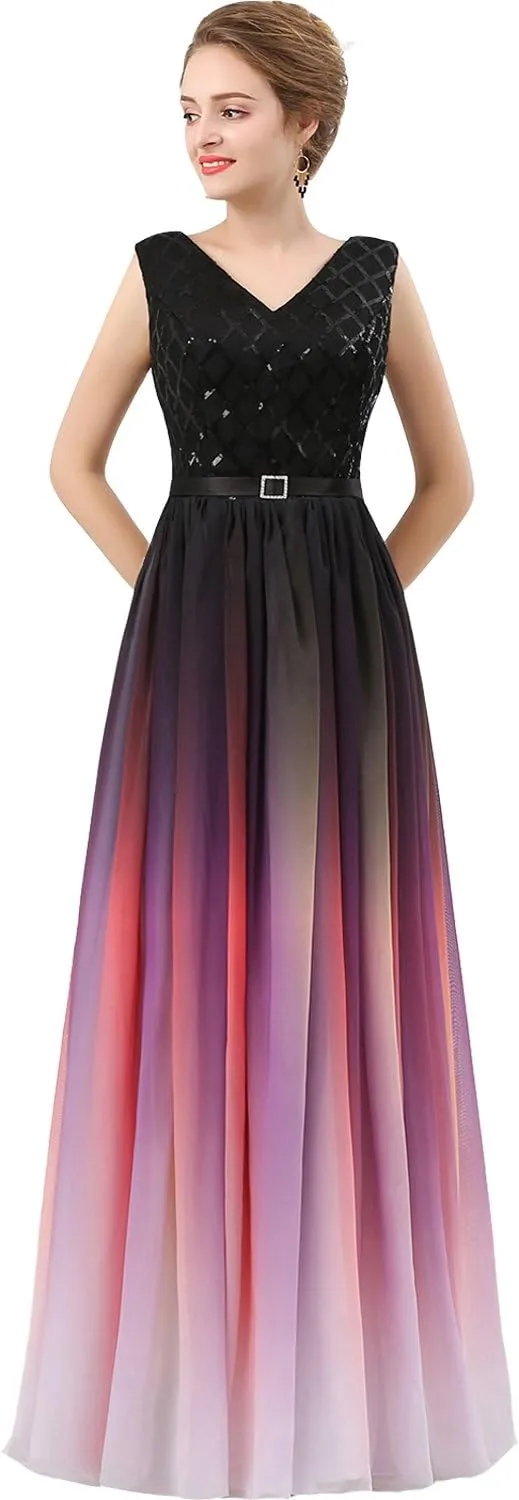 Lemai V Neck Long Sequined Chiffon A Line Corset Prom Evening Dresses