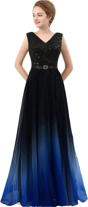 Lemai V Neck Long Sequined Chiffon A Line Corset Prom Evening Dresses