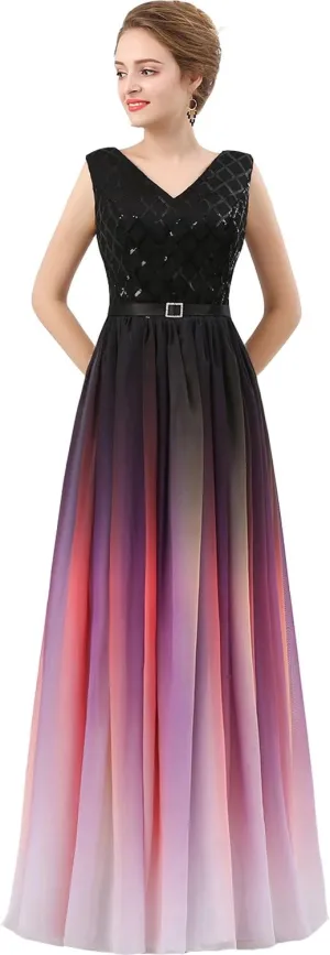 Lemai V Neck Long Sequined Chiffon A Line Corset Prom Evening Dresses
