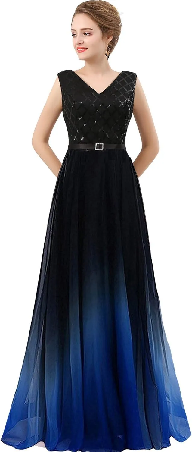 Lemai V Neck Long Sequined Chiffon A Line Corset Prom Evening Dresses