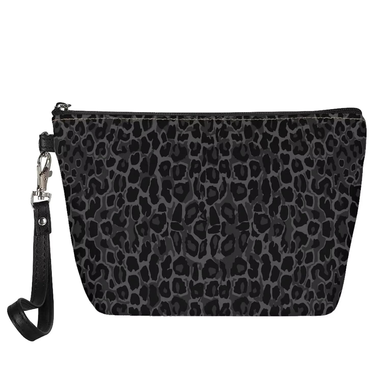 Leopard Makeup Bag PU Leather Waterproof Toiletry Bag Hanging Organizer Zipper Storage Pouch Jewelry Digital Beauty Kit Bag, Black