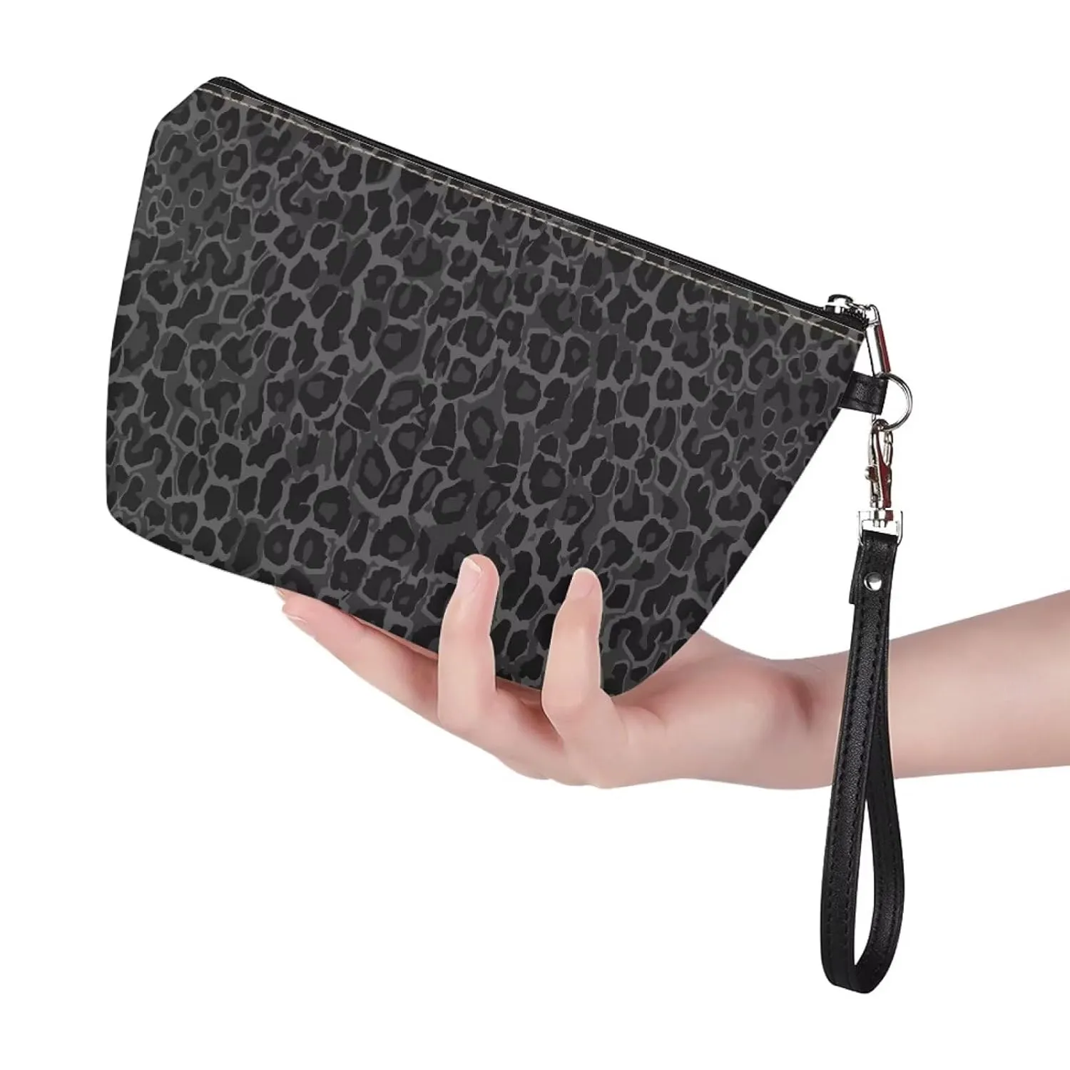 Leopard Makeup Bag PU Leather Waterproof Toiletry Bag Hanging Organizer Zipper Storage Pouch Jewelry Digital Beauty Kit Bag, Black