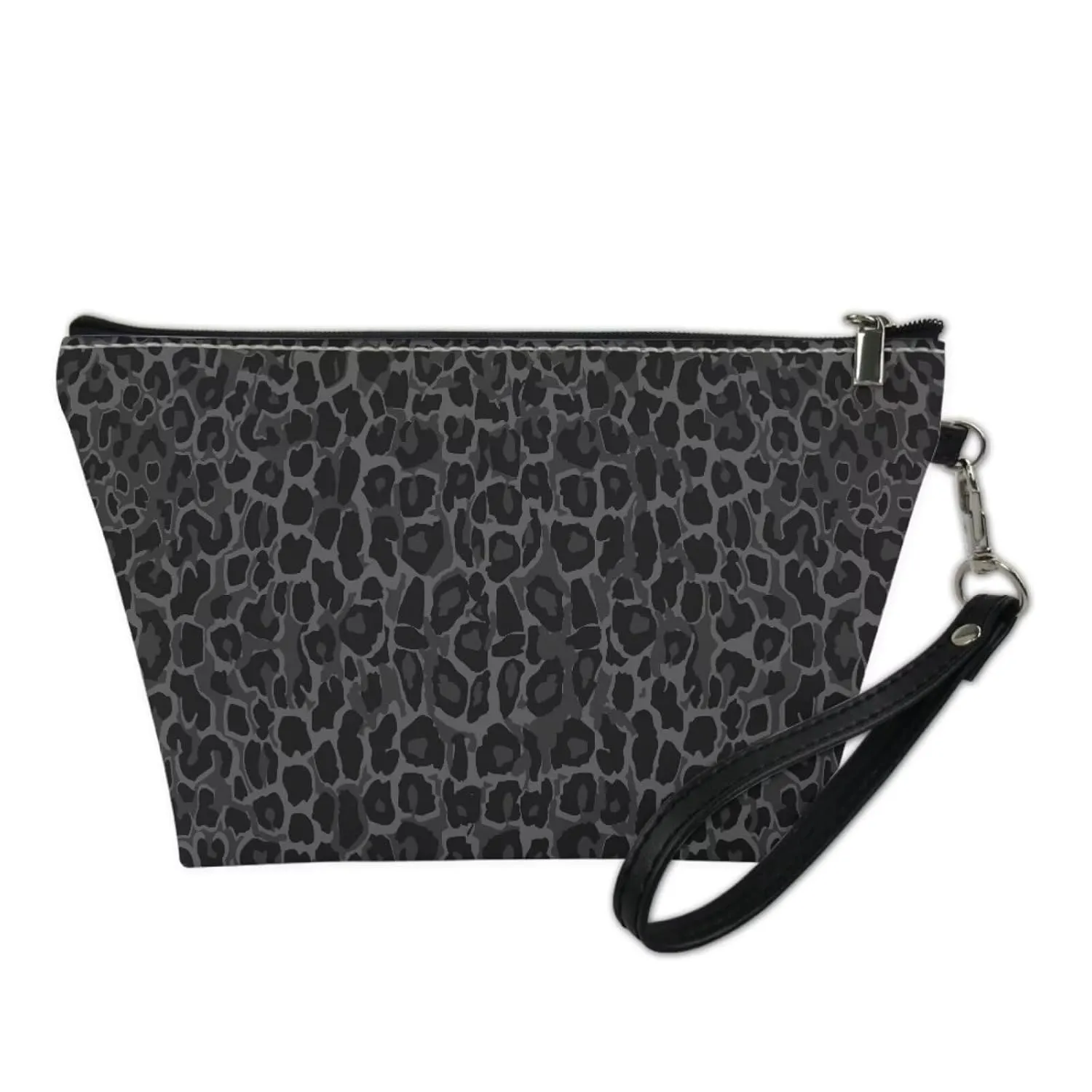 Leopard Makeup Bag PU Leather Waterproof Toiletry Bag Hanging Organizer Zipper Storage Pouch Jewelry Digital Beauty Kit Bag, Black
