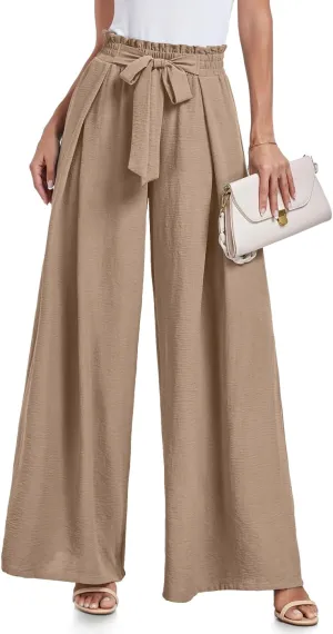 Lepunuo Wide Leg Pants for Women High Waisted Palazzo Pants Work Casual Flowy Tie Knot Trousers with Pockets
