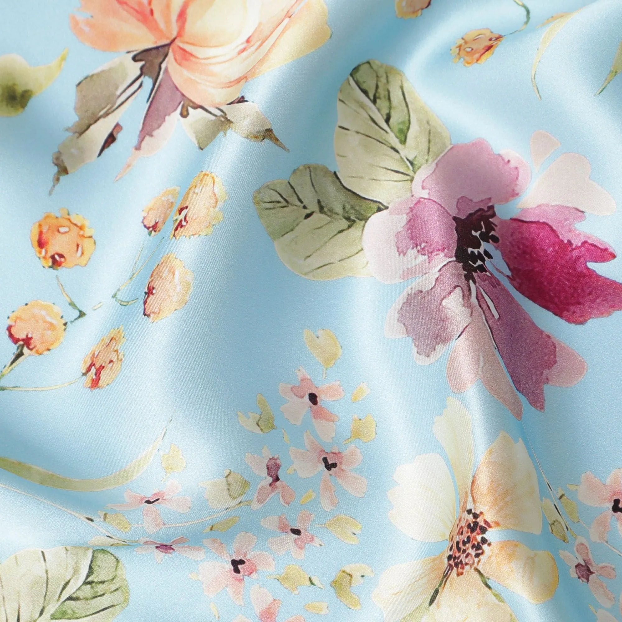 Light Blue Pure Silk Satin Fabric with Romantic Floral Print - Premium Italian Fabric, 140cm Wide-D18699