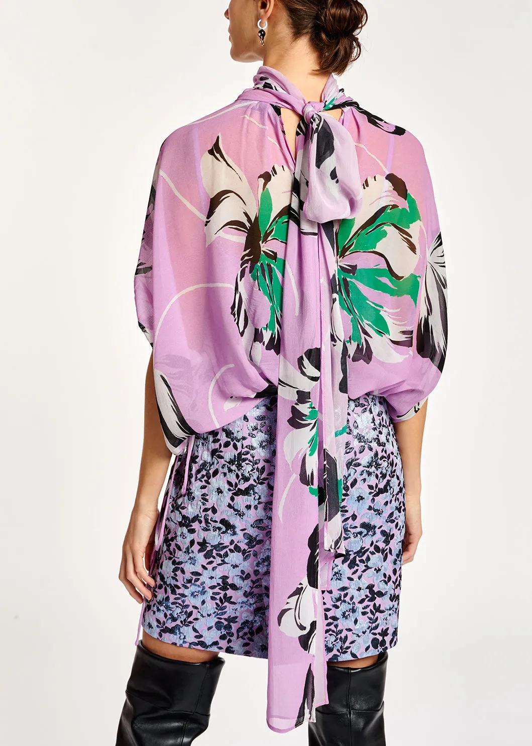 Lilac voluminous floral-print sheer top