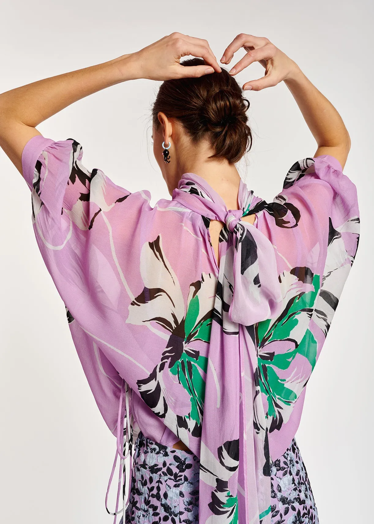 Lilac voluminous floral-print sheer top