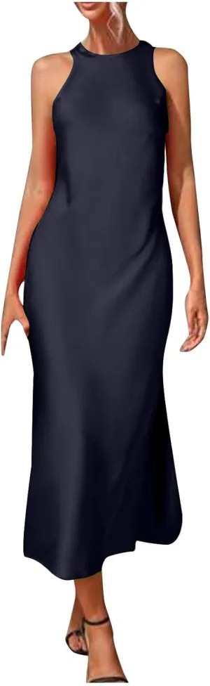 Lmdudan Women's Bodycon Maxi Dresses Satin Lounge Tank Long Dresses Elegant Halter Neck Casual Sleeveless Summer Dress
