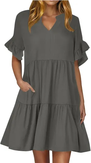 Lmdudan Womens Mini Beach Dress with Pockets 2025 Summer Trendy Dresses Ruffle Short Sleeve V Neck A Line Tiered Flowy Dress