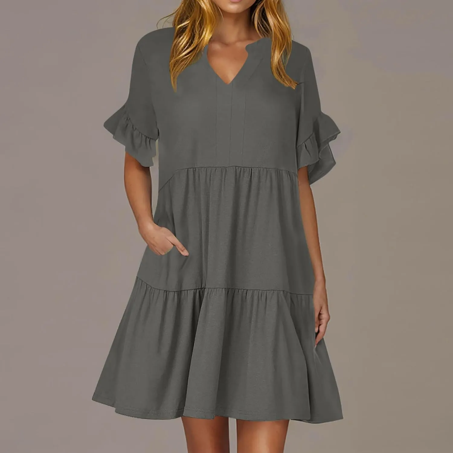 Lmdudan Womens Mini Beach Dress with Pockets 2025 Summer Trendy Dresses Ruffle Short Sleeve V Neck A Line Tiered Flowy Dress