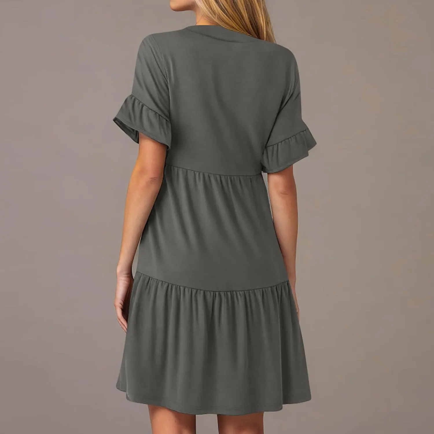 Lmdudan Womens Mini Beach Dress with Pockets 2025 Summer Trendy Dresses Ruffle Short Sleeve V Neck A Line Tiered Flowy Dress