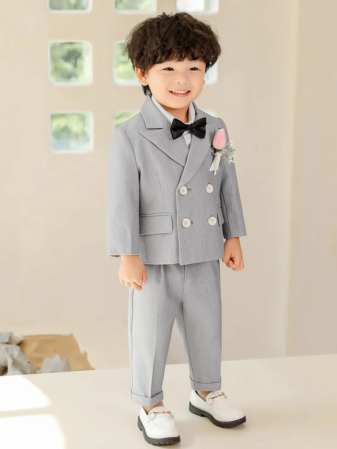 LOLANTA Boys Suits Set Wedding Ring Bearer Outfits Kids Tuxedos Blazer Suit Pant Bow tie, Birthday, Easter Clothes