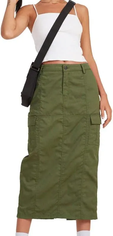 Long Cargo Skirts for Women with Pockets Low Rise Drawstring Shirred Baggy Skirt E Girls Vintage Harajuku Streetwear