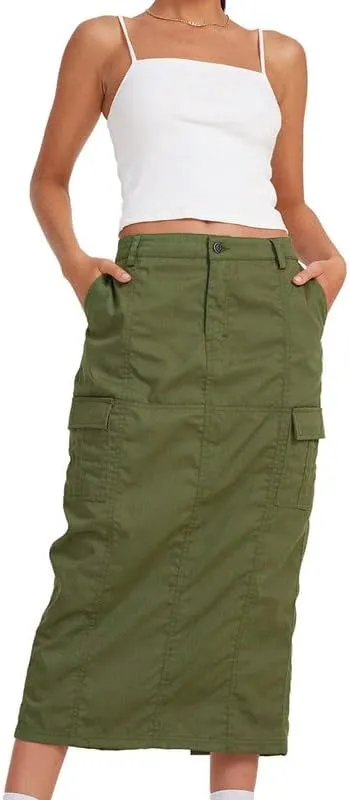 Long Cargo Skirts for Women with Pockets Low Rise Drawstring Shirred Baggy Skirt E Girls Vintage Harajuku Streetwear