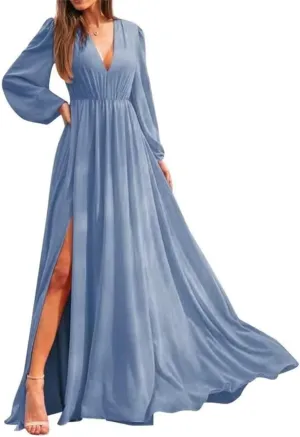 Long Sleeves Bridesmaid Dresses for Wedding Guest Chiffon Formal Evening Party Prom Maxi Gown with Slit AN371