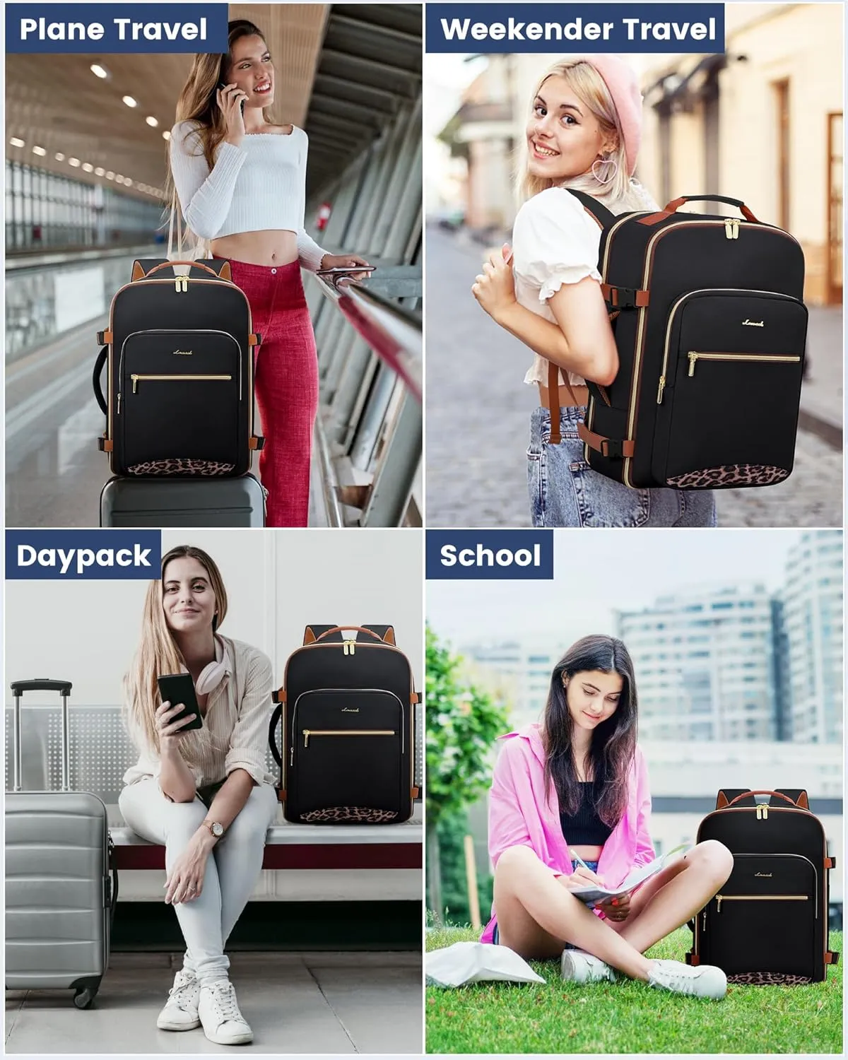 LOVEVOOK Travel Backpack, 40L Carry on Backpack with 3 Packing Cubes, 17 Inch Water Resistant Luggage Computer Daypack College Weekender Overnight Bag for Men & Women, Black-Leopard print