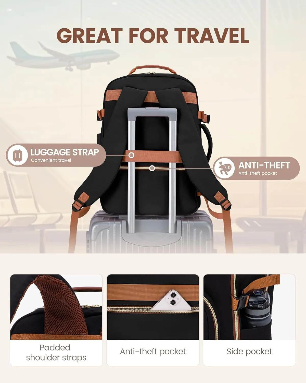 LOVEVOOK Travel Backpack, 40L Carry on Backpack with 3 Packing Cubes, 17 Inch Water Resistant Luggage Computer Daypack College Weekender Overnight Bag for Men & Women, Black-Leopard print